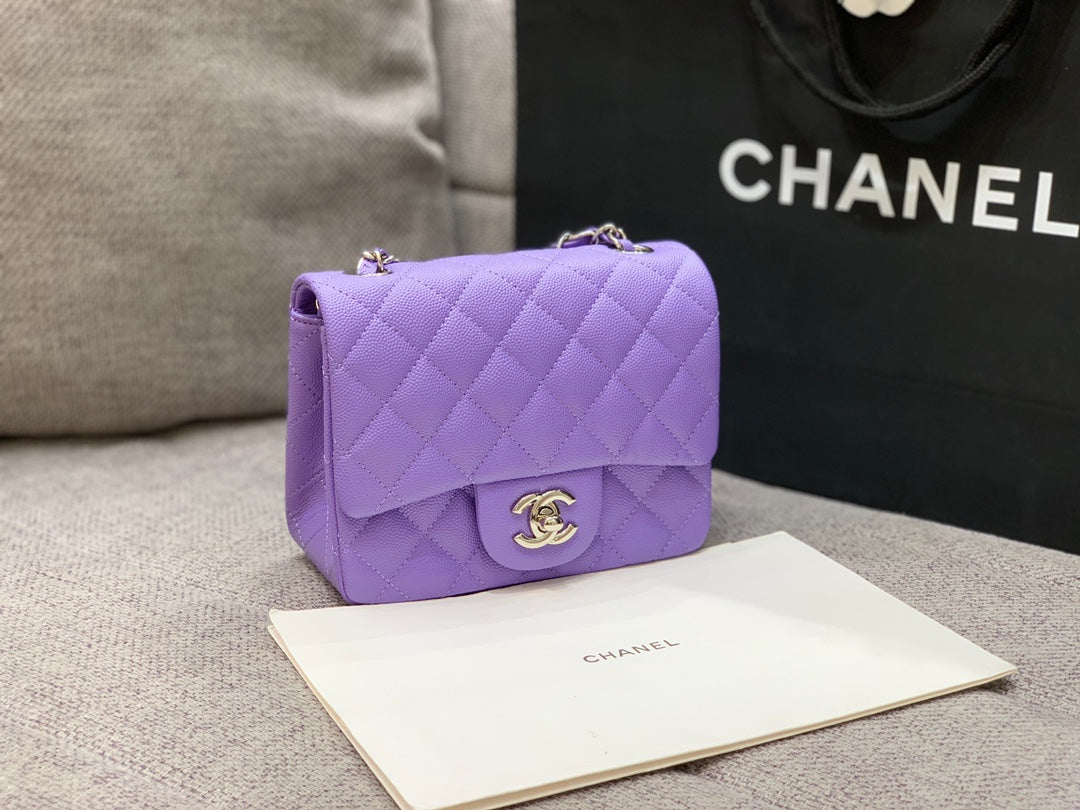 MINI Square FLAP BAG 17CM Purple Caviar Hardware color argento