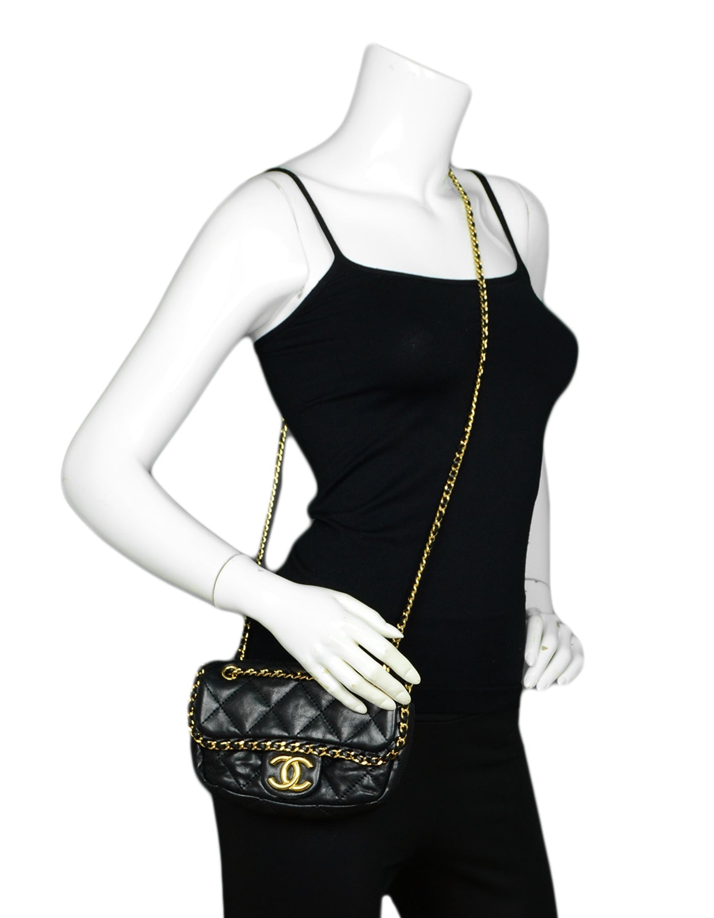 Chanel Black Lambskin Leather Quilted Mini Chain Me Flap Crossbody Bag