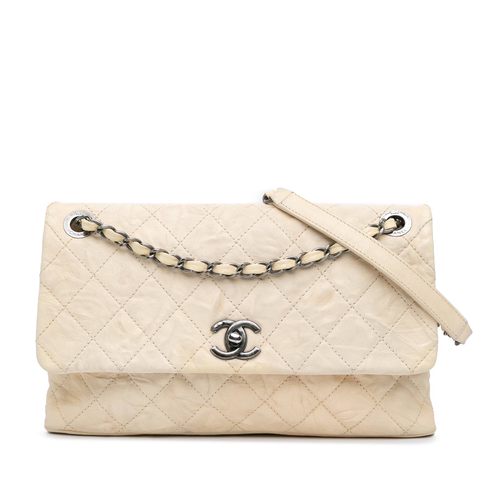 Bianco Chanel CC Quilted Pelle di vitello Aged Borsa a spalla