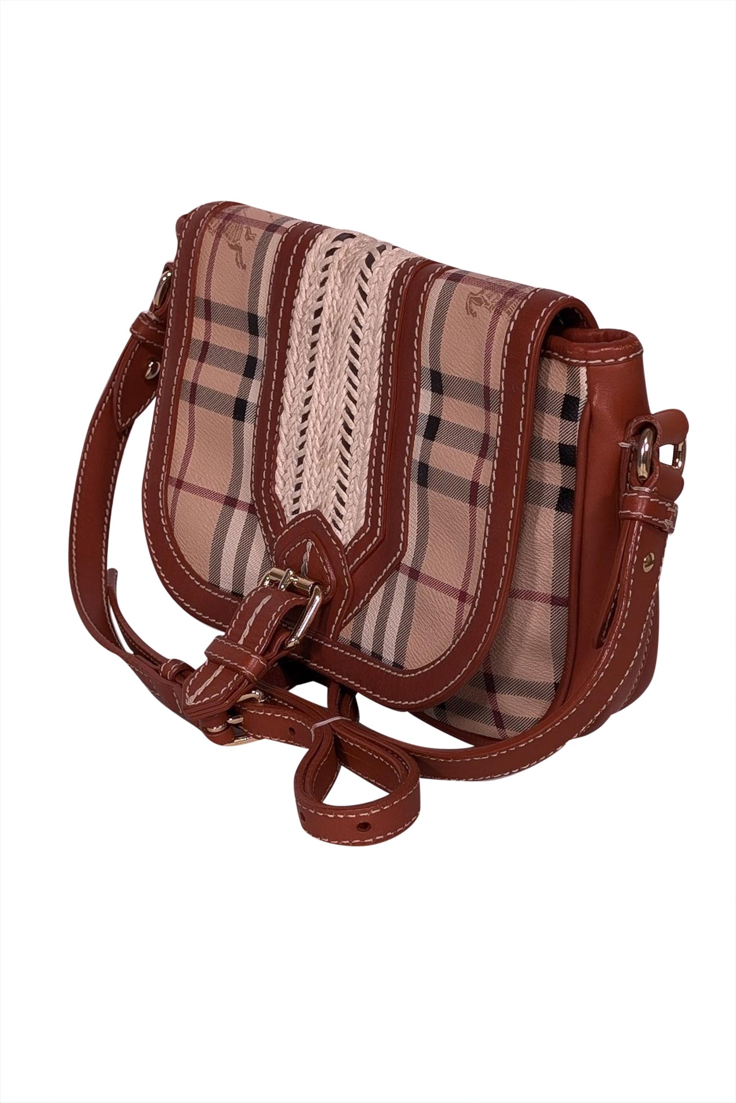 Burberry – Tan Pelle and Signature Plaid Borsa a tracolla