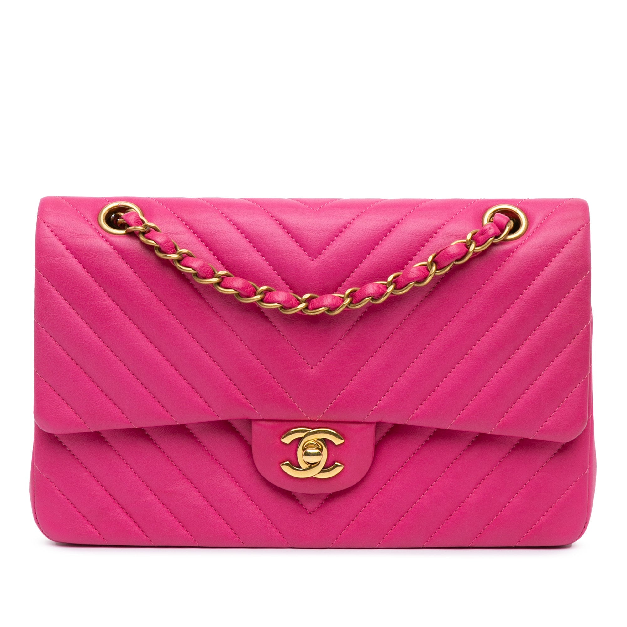 Borsa a tracolla Chanel Medium Classic Chevron in agnello rosa con doppia patta