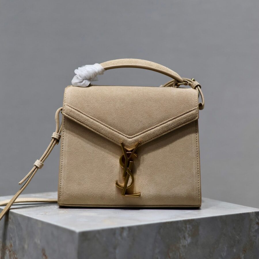 CASSANDRA MINI TOP HANDLE BAG 20 IN BEIGE SUEDE GOLD HARDWARE | Studio Nafay