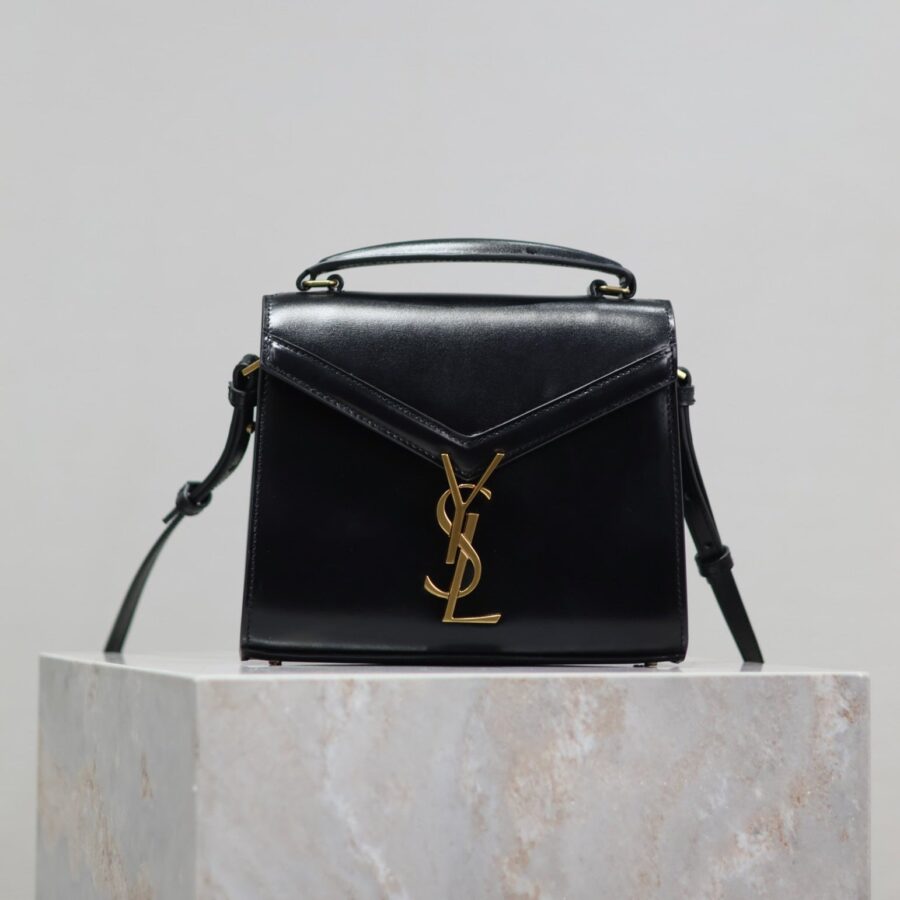 CASSANDRA MINI TOP HANDLE BAG 20 IN BLACK SMOOTH LAMBSKIN GOLD HARDWARE | Studio Nafay