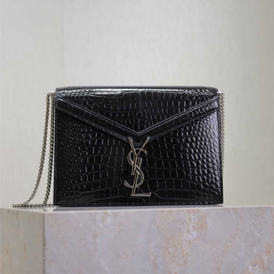 CASSANDRA CHAIN BAG 22 IN BLACK CROCODILE PATTERN CALFSKIN SILVER HARDWARE | Studio Nafay